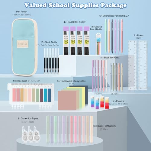 MoKo Pencil Case with Supplies, 60Pcs Aesthetic School Set, Blue - color: Blue-60P