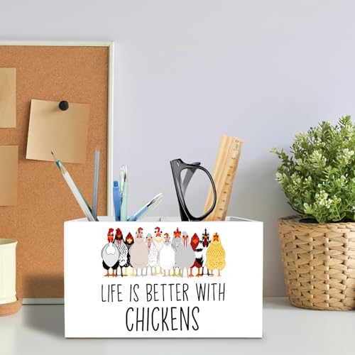 Funny Farm Chicken Pen Holder for Desk, Chicken Lover Mom Lady Gifts Pencil Organizer, Life is Better with Chickens Wooden Box Sign Desk Decor for Home Office Decoration - color: FARM CHICKEN