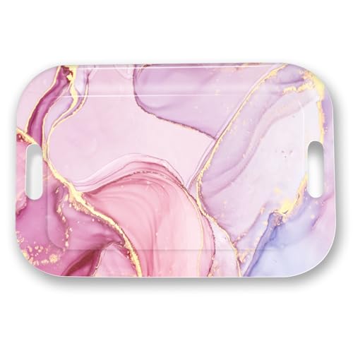Serving Trays with Handles, 14.5 x 9.8 inch Rectangular Plastic Tray for Restaurant, Kitchen, Painting of Pink and Gold Marble - color: Painting of Pink and Gold Marble