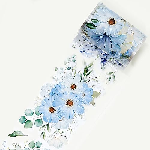 WT Serene Wide PET Tape, Single Roll, Original Designs, Watercolor Blue Flower Decorative Tape, Transparent Clear Adhesive Tape, Journal Scrapbook Bujo Planner DIY Craft Supplies - color: WT Serene Wide PET Tape