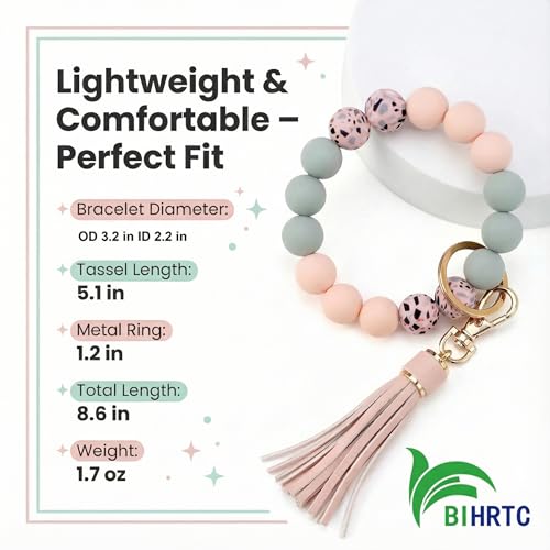 BIHRTC Key Ring Bracelet Car Keychain Holder Wristlet Silicone Women Beaded Bangle Chains - color: Light Pink