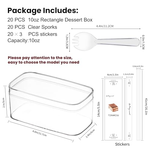 20 Pack 10OZ Rectangle Clear Plastic Dessert Cups with Lids and Sporks&Stickers Disposable Fruit Cups for Dessert,Tiramisu container with lid,Cupcake,Parfait,Pudding,Iced Cold Drinks,Fruits