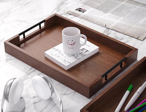 Fibogollo Set of 2 Bamboo Serving Trays with Metal Handles(Brown) - style: Brown-Medium and Large Set
