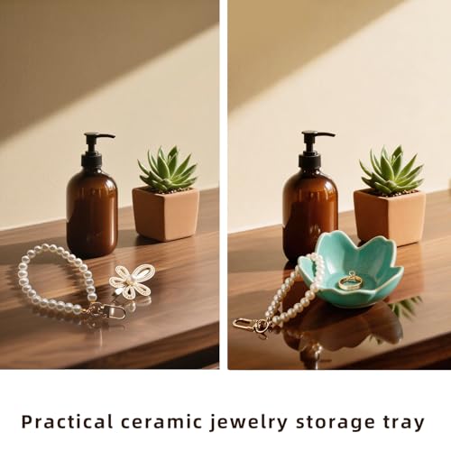 Floral Ceramic Jewelry Tray, 3.5" Ring Holder Trinket Bowl - color: cyan