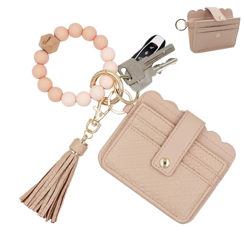 Keychain Wallet Wristlet Small Credit Card Holder Bracelet Key Chain Purse Bangle Tassel Beads Key Rings for Women - color: 03-rfid Pure Pink