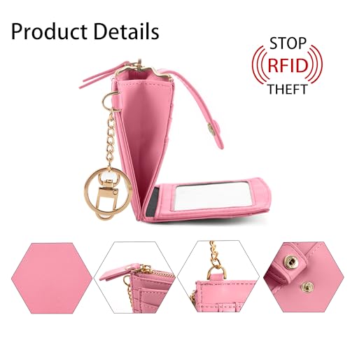 Keychain Wallet Wristlet Small Credit Card Holder Bracelet Key Chain Purse Bangle Tassel Beads Key Rings for Women - color: 04-rfid Pink