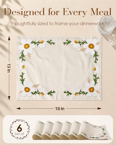 Embroidered Placemats Set of 6-13"x 18" 6PCS Embroidered Rustic Washable Fabric Place Mats Farmhouse Boho Dining Table Mats Dinner Placemats, Daisy - color: Daisy