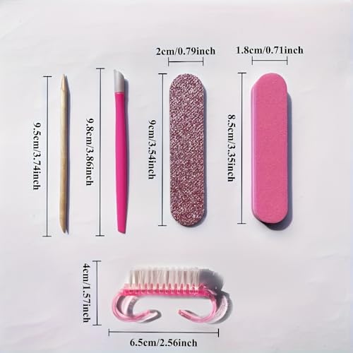 5PCS Nail Care Kit with Mini Nail File, Cuticle Pusher & Nail Cleaning Tools, Portable Manicure & Pedicure Set, Pink or Gray (PINK)