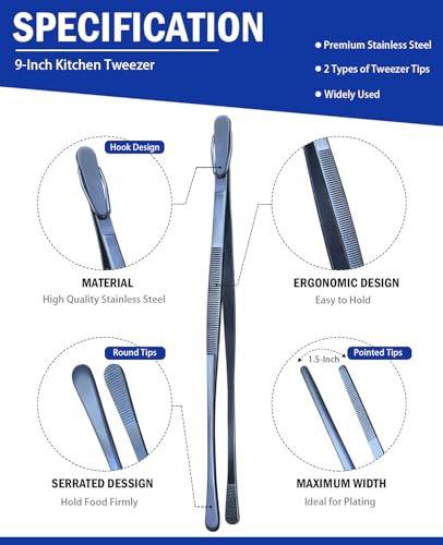 JETKONG 2 Pcs 9-Inch Cooking Tweezer Tongs Stainless Steel Kitchen Tweezers Plating Tongs (Navy Blue) - color: Navy Blue, size: 9+9 Inch