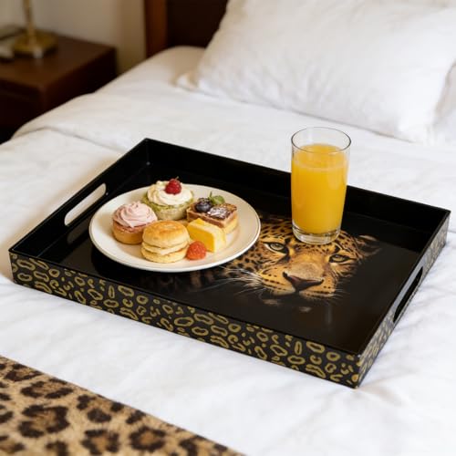 Serving Tray with Handles, 15.7 * 11.8 inches, Plastic Ottoman Tray with Exquisite Paintings, Trays for Coffee Table - color: Leopard