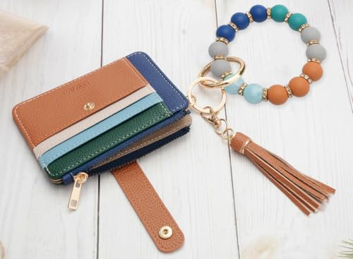 COOLANS Silicone Bracelet Wristlet Wallet Credit Card Holder RFID ID Window Key Ring Tassel Slim Wallet Women Keychain Purse - color: Brown Color Blocking