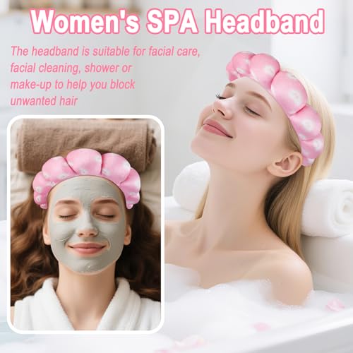 Zkptops Spa Headband for Washing Face Wristband Set Sponge Makeup Skincare Velvet Fabric Bubble Soft Get Ready Hairbands for Women Puffy Headwear Non Slip Thick Thin Hair Accessory (Pink Nuts) - color: ZYI Nuts Pink
