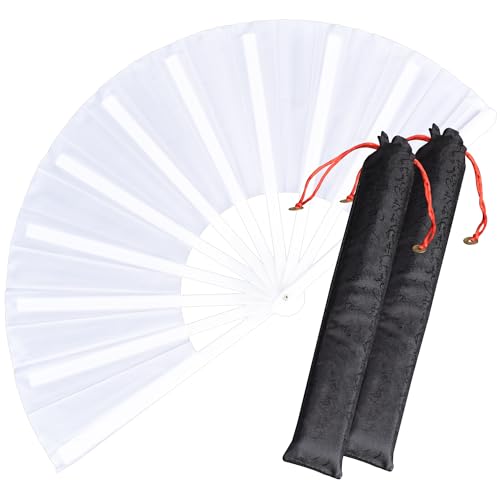 2 Pack Large Folding Hand Fan,White Chinese Kung Fu Tai Chi Fan Nylon-Cloth Fan for Men and Women Performance, Dance, Decorations, Festival, Gift (Folding Fan White+case 2p) - color: White+white