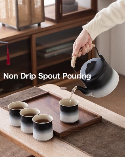 ZENS Japanese Tea Set with 4 Cups, 33.8oz Ceramic Infuser Pot for Loose Tea - color: Black/White, size: 33.8oz Teapot&4 of 8oz Cups