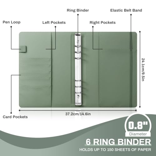 Ovesmusl Aesthetic A5 Binder 6 Ring, PU Leather Refillable Planner Cover - color: Green-flowers, size: A5