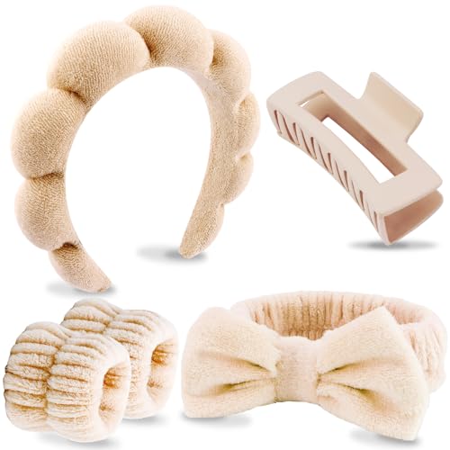 VELSCRUN Spa Headbands for Wash Face, Makeup Headband, Facial Skincare Headbands, 5 Pcs Khaki Puffy Sponge Spa Headband Bow Tie Hair Band Hair Clips Wristband Set Women Girls Accessories - color: Khaki