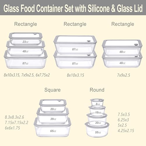 Glass Food Containers with Glass Lid, Microwave Safe Food Storage Container Set, 2 Pack of 87oz, Large Size Airtight Storage Set with Leak Proof Lids, Meal Prep Containers - color: Grey-2RL
