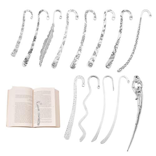 13pcs/Set Metal Bookmark for Women Men, Hairpin Hook Antique Tibetan Silver Carved Hook Bookmarks with Loop, Unique Charm Book Marker for Book Lovers Unique Gift