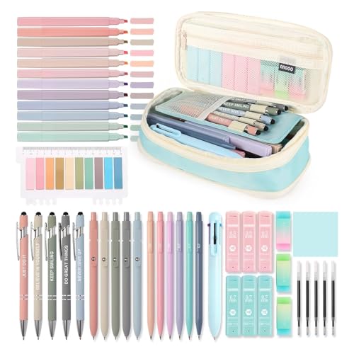56 PCS Aesthetic School Supplies with Large Pencil Case, 5 Inspirational Ballpoint Pens, 12 Pastel Highlighters, 5 Black Ink Gel Pens, 6 Mechanical Pencils 0.5-0.7mm College Student Essentials (Blue) - color: Blue