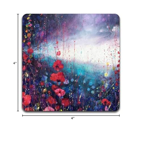 Watercolor Red Flowers Square Coaster Set-Made of Recycled Rubber-Set of 4 - color: Watercolor Red Flowers