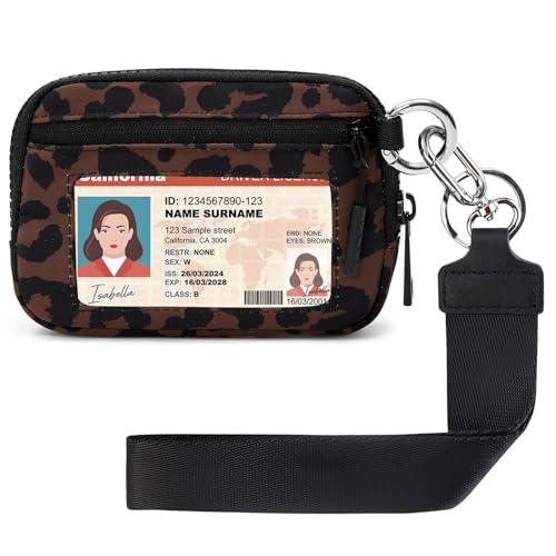 Wristlet Wallet for Women with Clear ID Window, Zip Coin Purse and Keychain - color: Brown Leopard Print