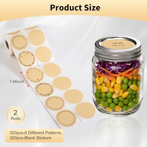 600 Pcs 2" Round Kraft Stickers, 7 Designs Canning Label Stickers, 2 Rolls - color: 2 Roll