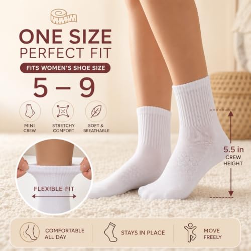 Forever Bambe Mini Crew Socks for Women 4-Pack Cushioned Bottom Retro Striped Socks - Athletic Women's Short Calf Sock - color: 6 - Solid White