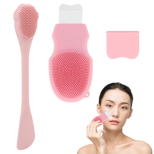 2-in-1 Silicone Face Scrubber & Blackhead Remover Tool, Facial Cleansing Brush with Stainless Steel Skin Spatula, Nose Pore Cleaner, Face Exfoliator for Deep Cleansing, Mask Applicator for Women & Men - color: Pink