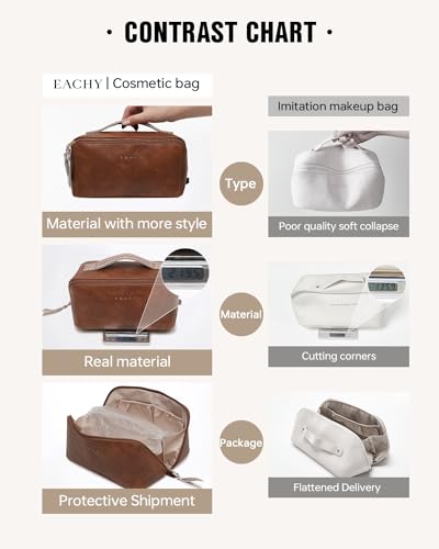 EACHY Travel Makeup Bag for Women, PU Leather Cosmetic Bag, Brown, Medium - color: C - Brown, size: Medium