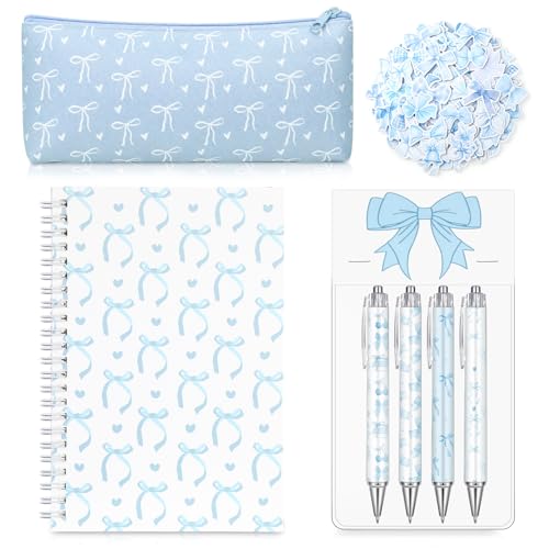 Sayglossy Blue Bow Set Pen Spiral Notebook Journal Pencil Case Sticker - color: Blue