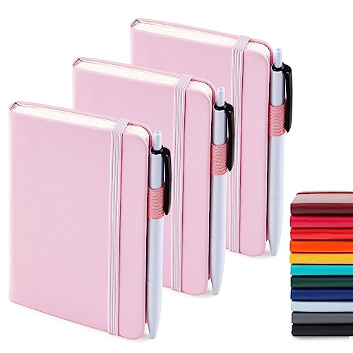 feela 3 Pack Pocket Small Notebook Journals, Mini Cute Memo Notepad Hardcover College Ruled Lined Journals with Pen Holder for Women Girls Office School, with 3 Black Pens, 3.5”x 5.5”, A6, Rose Pink - color: 3 Rose Pink