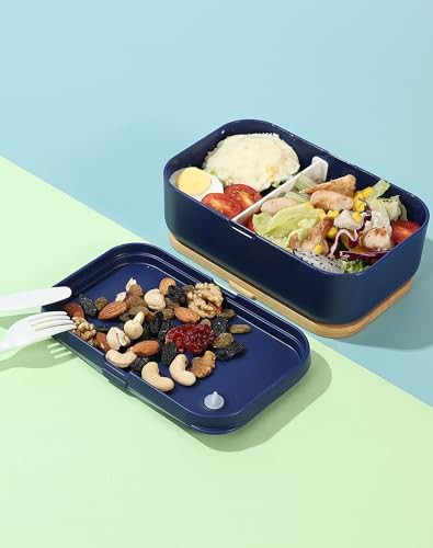 Bento Box for Adult Lunch Containers with Utensils for Men/Women Blue - Natural Bamboo Lid, Chopsticks, Microwave Safe, Dishwasher Safe, Bpa Free, Gifts for Women, Cute, Small - color: Blue
