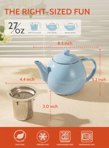 Sweese Porcelain Teapot 27 oz with Infuser for Loose Leaf Tea, Bluish Grey - color: Bluish Grey, size: 27oz (with infuser)
