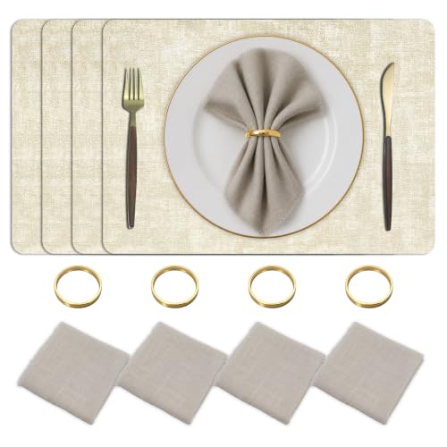 Placemats Set of 4 with Napkins and Rings - Washable Faux Leather Table Mat - color: Beige, size: Placemats Set of 4