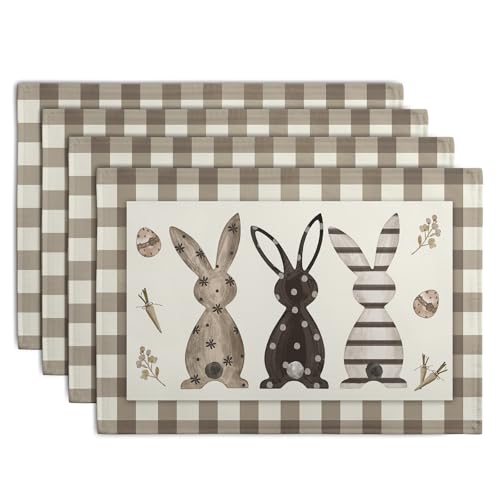 Easter Bunny Buffalo Plaid Placemats Set of 4 Rabbit Spring Egg Dining Table Placemats 12x18 Inch Check Brown White Heat Resistant Washable Table Mats for Kitchen Dining Holiday Indoor - color: Easter Plaid Rabbit