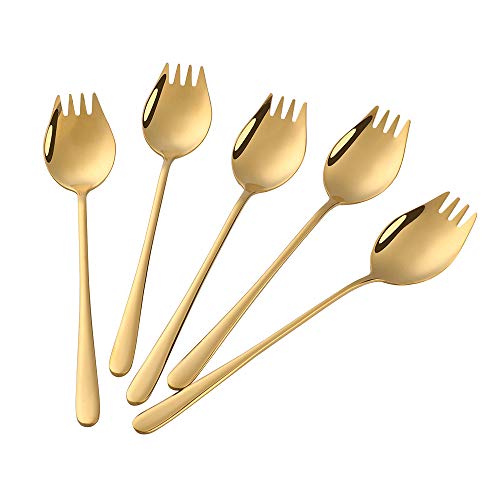 Buyer Star Gold Sporks 2 in 1 Spoons Forks 5 Pieces Stainless Steel Reusable Metal Korean Soup Dinner Spoons Camping Flatware - color: Gold