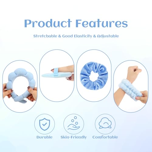 7Pcs Spa Set - Puffy Headband, Wristbands, Powder Puffs, Makeup Removal Terry Cloth Headband - Blue - color: Blue