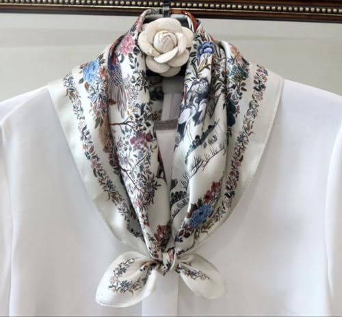 JERLA 100% Mulberry Silk Neck Scarf 21"x21" Small Square Scarfs for Women Gift Packed - color: Beige Flowers and Birds