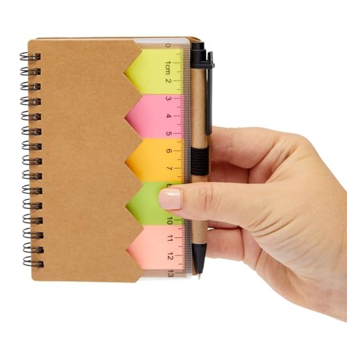 Juvale School Supplies Pocket Notebook & Pen - 4 x 5.5 in, Brown Cover, 6-Pack - Lined Mini Notepad Spiral Journal with Elastic Pen Holder - 65 Tabs & Ruler Sheet