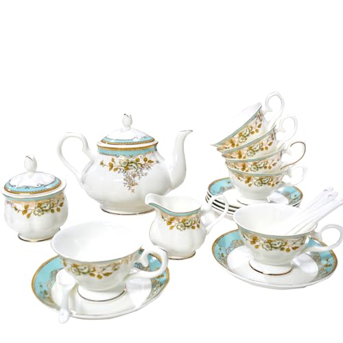 Bone China Tea Set, 21-Pieces Porcelain Tea Set for Adults, Tea Cups And Saucers for 6, with Teapot, Spoons, Sugar Bowl, Creamer Pitcher, Vintage Tea Set for Women Tea Party (Green) - color: Green