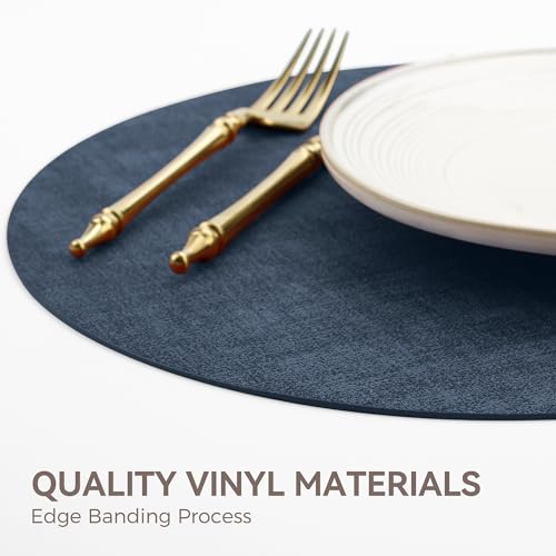 13" Round Placemats Set of 6, Reversible Faux Leather Wipeable Table Mats - color: Navy Blue