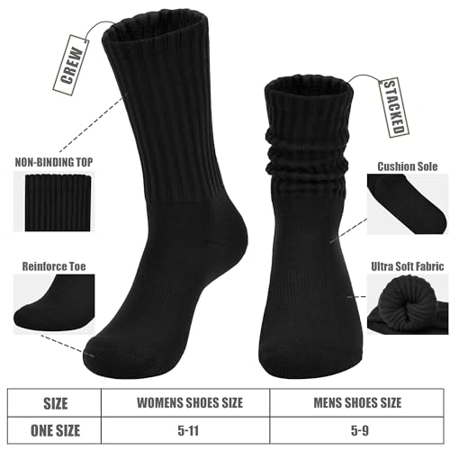 AugRing Women's Scrunch Crew Socks Retro 3-Pack Solid Cotton Boot Calf Chunky Ribbed Cozy Slouchy Socks Size 5-11 - color: 3 Pack Black