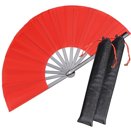 2 Pack Large Folding Hand Fan, red Chinese Kung Fu Tai Chi Fan Nylon-Cloth Fan for Men and Women Performance, Dance, Decorations, Festival, Gift (Folding Fan red 2p+case) - color: Red+red