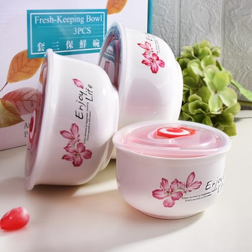 Ceramic Food Storage Bowl with Lids Set of 3, Cherry Blossom Nesting Bowls