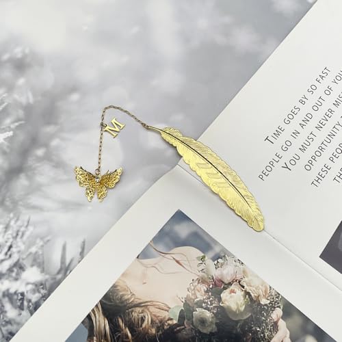 Initial Letter and Butterfly Charm Metal Feather Bookmark (Gold-M) - style: Gold-M