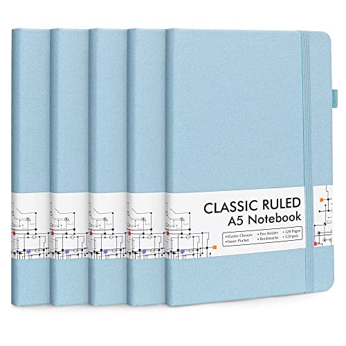 feela 5 Pack Notebooks Journals Bulk, Hardcover Notebook Classic Ruled Lined Journals with Pen Holder for Women Girls School Business Supplies, with 5 Black Pens, 120 GSM, 5.1”x8.3”, A5, Light Blue - color: 5 Pack light blue