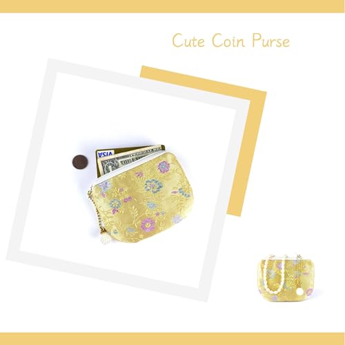 Handmade Women Coin Purse Brocade Zipper Wallet Rosary Pouch Silk Jewelry Bag - Gold - color: Gold