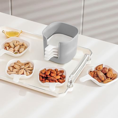 6Pcs Plastic Dipping Dish with Storage Box Mini Home Kitchen Seasoning Sauce Dishes Bowls Plate Dish Serving Tray for Sampling and Dipping Restaurant Home Party Use, White+Grey