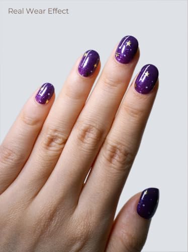 Real Gel Nail Strips (No UV Light Needed) - 44Pcs Salon Quality Nail Stickers - Long Lasting Polish Wraps for Women, Easy Apply & Remove (Deep Purple Star Dust) - color: Deep Purple Star Dust