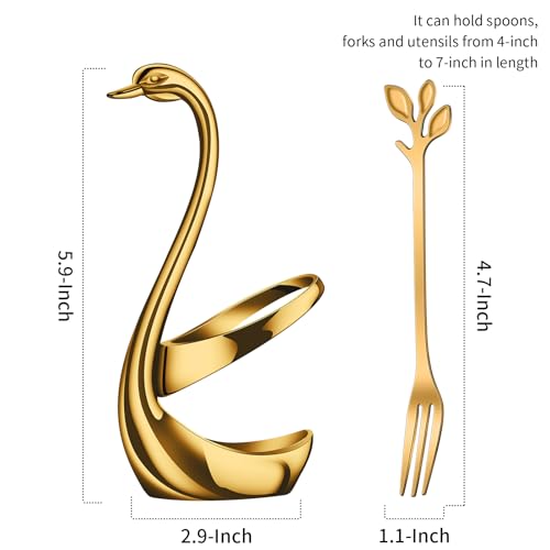 AnSaw Gold Swan Base Holder Set with 10-pcs Mini Leaf Dessert Forks-4.7" - color: Gold Swan